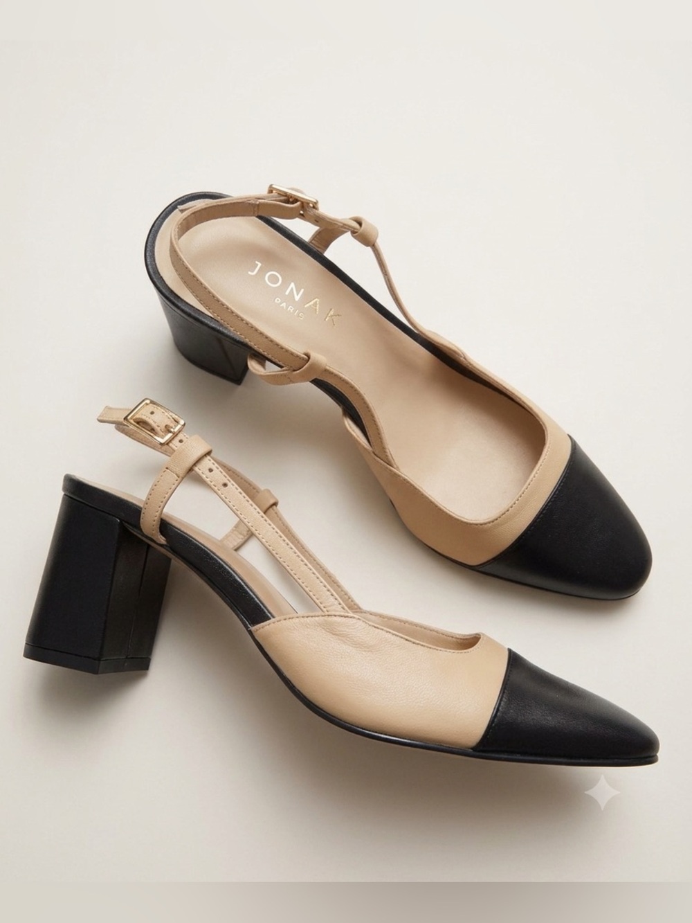 Jonak Sz 7 (37) Leather Bi Color Cream Black Heeled Slingback Shoes